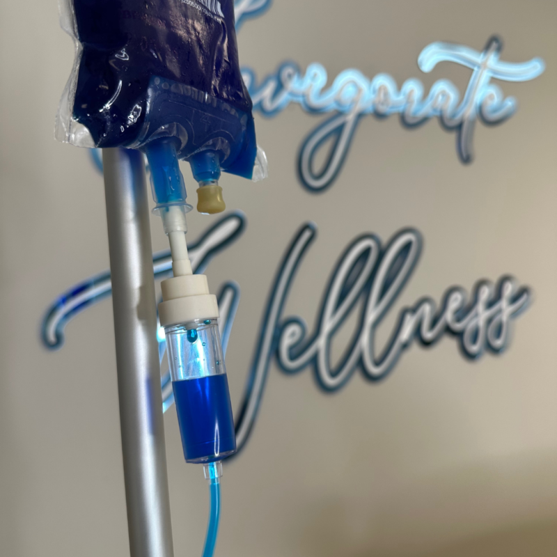 Methylene Blue IV bag hanging in front of tampa bays invigorate wellness medical clinic