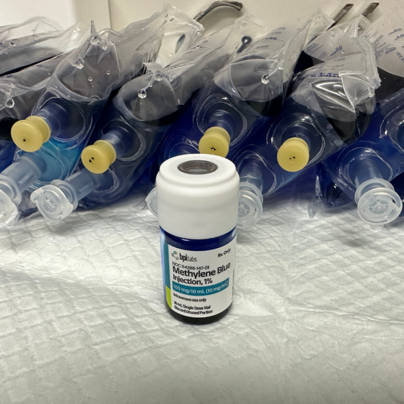 methylene blue vial next to methylene blue iv bags in tampa bays invigorate wellness medical clinic
